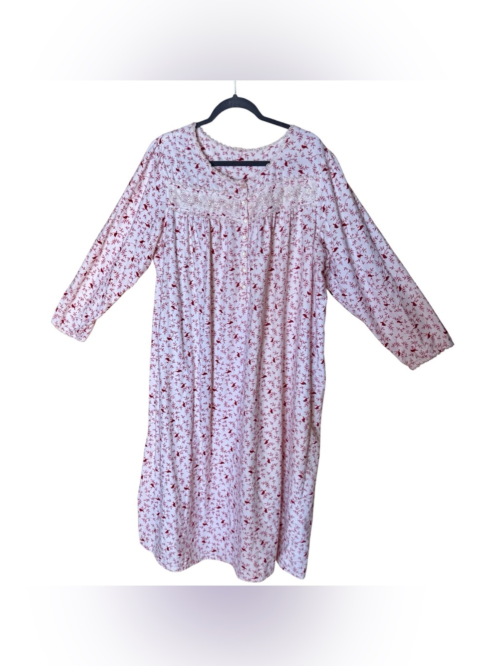 Red Cardinal Print Cotton Flannel Nightgown Lace Trim Sz 3X Cottagecore Coquette